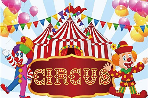 YongFoto 3x2m Vinyle Photographie Toile de Fond Carnaval de Cirque Chapiteau Clowns Drapeaux de Ballons colorré Rayures Bleues et Blanches Fond de Studio Photo vidéo Photo Shooting Accessoires