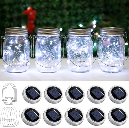 Solar Mason Jar Lights 10 Pack 20 LED Waterproof Outdoor Fairy Firefly String Light Lids with 10 Hangers Rust Resist for Patio Lawn Garden Wedding Lantern Decor No Jars (Cool White)