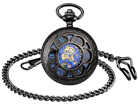 MICGIGI Homme/Femme Montre de Poche mécanique à remontage Manuel rétro Moulin à Vent Montre Gousset avec chaîne (Noir)