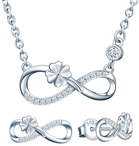 Yumilok Damen Schmuckset Halskette mit Kleeblatt Vier Kleeblatt Glücksklee Unendlichkeit Anhänger & Damen Ohrstecker Ohrringe aus 925 Sterling Silber