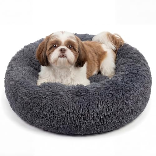 Calming Donut Dogs Beds for Small Dogs Washable,23inch Plush Round Pet Bed for Cozy Sleep,Fluffy Faux Fur Large Cat Bed,Fits up to 25 lbs Pets,Dark Grey