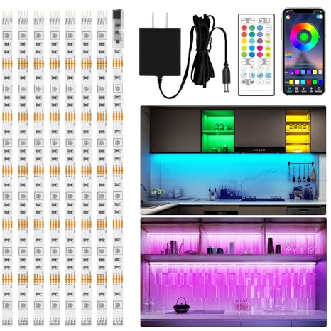maylit 8 PCS RGB Under Cabinet Lighting Kit, App and Remote Control Strip Lights, Music Sync Color Changing Led Lights with ETL Listed Power Adapter, for Cabinet, Counter, Shelf, Bookcase, 13ft