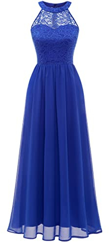 Wedtrend Damspetsklänning brudtärneklänning, lång aftonklänning i chiffong, fest, cocktailklänning, halterneck, sommarklänning, Kungsblå, L