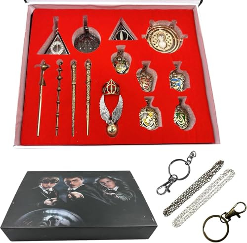TANSHOP Zauberer Zauberstab Set Cosplay Spielzeug für Kinder mit Schlüsselbund, Halskette, Schulabzeichen und Ringen, Dumbledore Voldemort Zauberstab In Einer Geschenkbox