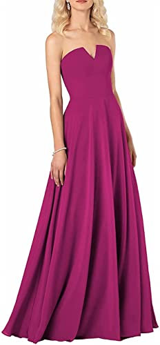 KURFACE Vestidos de dama de honor sin tirantes largos una línea de gasa sin mangas vestidos de invitados de boda para las mujeres, fucsia, 44