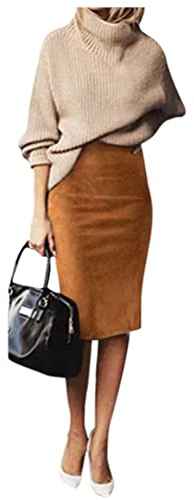 Minetom Damen Knielang Hohe Taille Stretch Bodycon Partyrock Elegant Herbst Winter Wildleder Skirt Bleistiftrock Freizeitrock Midirock 1 Braun L