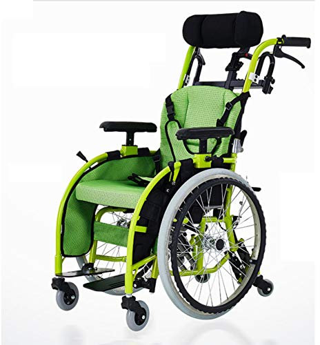 AZICYN Kinder-Aluminium-Rollstuhl Ultraleichter klappbarer selbstfahrender Rollstuhl-Schiebe-Mobilitäts-Roller mit Kopfstütze und Esstisch (Grün)