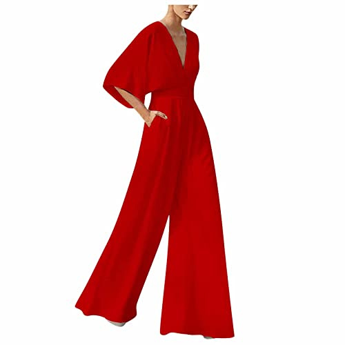 RMBLYfeiye Damen Lang V-Ausschnitt Einfarbiges 3/4 Ärmel Chiffon Jumpsuit Mit Taschen Hohe Taille Tailliert Tunika Overall Hosenanzug Festlich Jumpsuit Elegant Hochzeit Gast