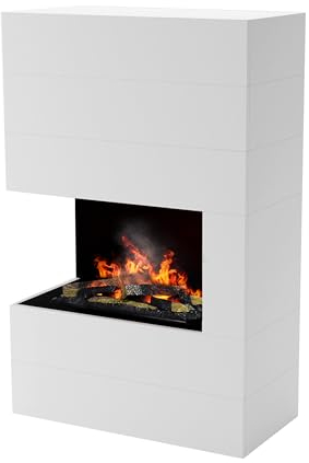 GLOW FIRE Tucholsky Opti Myst Cassette 600 Cheminée électrique d'angle gauche avec pont en bois, cheminée électrique à vapeur d'eau 3D, avec télécommande, effet flamme réglable, blanche