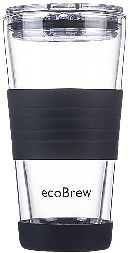 ecoBrew Glass Reusable Coffee Cups | Double Walled Insulated Cup for Hot and Cold Drinks | 16oz / 450ml Eco-Friendly Glass Travel Coffee Mug with Lid | Black