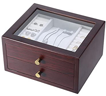 Schmuckkiste Schwarzer Walnuss-Schmuck-Aufbewahrungsbox 2-Schubladen-Desktop-Schmuckschatulle mit Messinggriff-Desktop-Schublade Aufbewahrungsbox mit Glas sichtbares Fenster Schmuckkasten-Organisatore