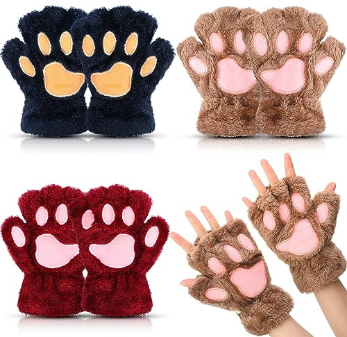 Geyoga 3 pares de guantes de pata de gato con temática Therian Kawaii peludos de felpa sin dedos, guantes de cosplay para niñas y mujeres, regalo de disfraz, marrón, azul marino, rojo vino, Talla