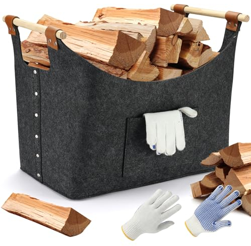 DazSpirit Borsa In Feltro per Legna da Ardere, Cesto Portalegna da Interno Con Manico in Legno, Porta Legna con Doppio Rinforzo in Pelle, Cesta per Legna, Giocattoli, Libri, Vestiti (Grigio)