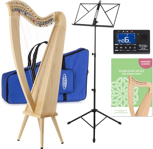 Classic Cantabile H-22LG Keltische Harfe Set - Celtic Harp mit Premium-Halbtonmechanik und Füßen - 22 Saiten - inkl. Tasche, Schule, Notenständer und Stimmgerät & 2 Stimmschlüssel - Höhe: 106,5 cm