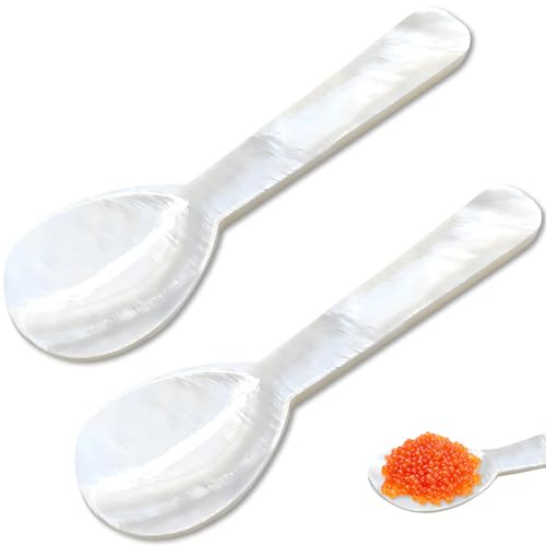 2 Perlmutt Muschellöffel 9cm mit rundem Griff Kaviar Ei Eis Kaffee | Runder ergonomischer Griff, Größe 9 cm, 2er Set geeignet für Haushalt, Feinschmecker und professionelle Gastronomie