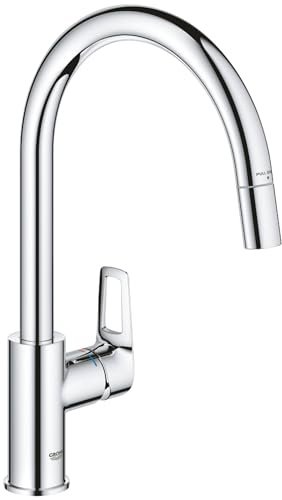 GROHE Get - Rubinetto miscelatore estraibile per lavello da cucina, con beccuccio alto, girevole a 360°, cartuccia in ceramica da 28 mm, attacchi 3/8, montaggio rapido incluso), cromato, miscelatore