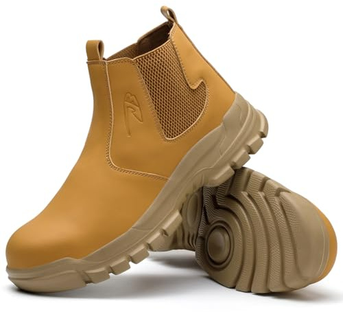 Micoklinlin Scarpe da lavoro da uomo, impermeabili, slip-on, di sicurezza per saldatore, stivali Chelsea resistenti agli urti e ai punti, giallo., 42 EU