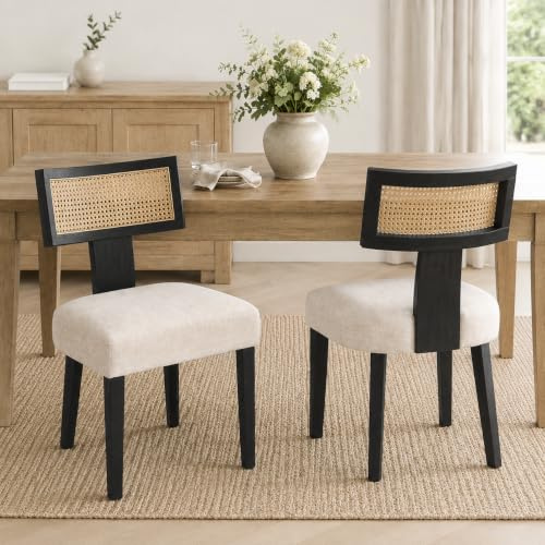 chairus Esszimmerstühle Holz Vintage Rattan Rückenlehne 2er Set Schwarz | Holzgestell, Vintage-Design, Rattan-Rückenlehne, gepolstert, Seitenstühle, für Esszimmer, Wohnzimmer, Küche