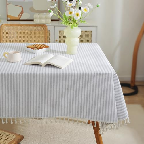 meioro Gestreifte Tischdecke Rechteckige Tischtuch mit Quasten, Abwaschbare Tischdecken Dekorative Tischwäsche für Küche, Esszimmer und Tabletop (Grau/Weiße Streifen,140x220cm) | Grau/Weiße Streifen Abwaschbare Tischdecken, Dekorative Tischwäsche mit Quasten, Esszimmer Tabletop Boho Küche Table Cloth