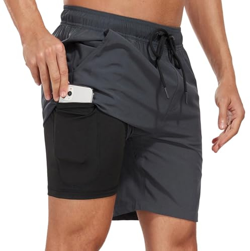 AUFIKR Men's Swim Trunks Mens Double Layer Beach Shorts with Compression Liner 2 in 1 Board Shorts with Pockets Surfing Sport Surfing Board Shorts Grey
