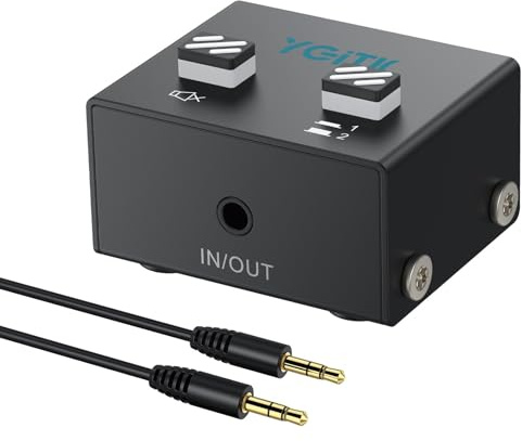 YGITK Interruttore audio bidirezionale da 3,5 mm, 2 in 1 e 1 in 2, con pulsante mute, non richiede alimentazione esterna, include cavo audio da 3,5 mm, per altoparlanti, PC, telefono, laptop, cuffie