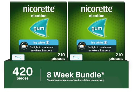 Nicorette Icy White 2mg Gum (210 Pieces), Discreet and Fast-Acting, Stop Smoking Aid to Help You Quit For Good, Nicotine Gum With Teeth Whitening Properties (Pack of 2)