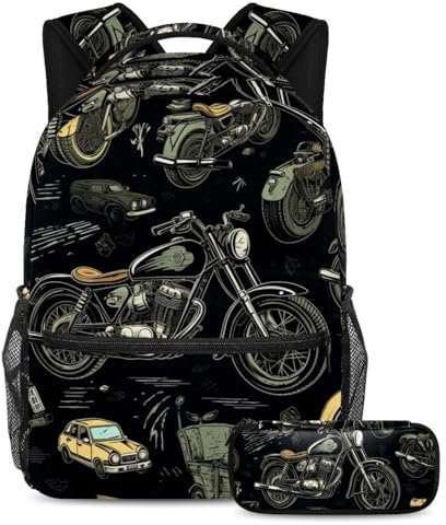 Rucksack mit Federmäppchen, 2-teiliges Schultaschen-Set für Jungen, Mädchen, Teenager, Reisetasche, Büchertasche für Studenten, Vintage-Motorrad, Handbemaltes Vintage-Motorrad, Größe L