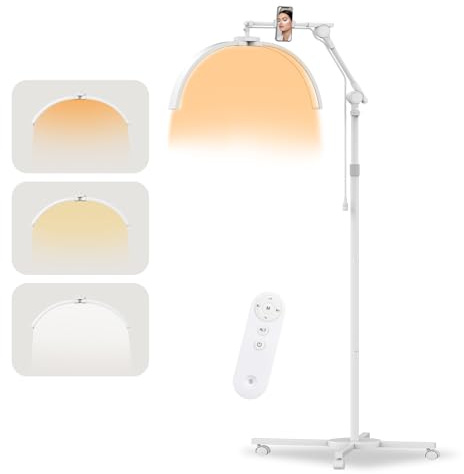 SMOCTAR Halbmond Lampe Kosmetiklampe, Wimpern Lampe for Wimpernverlängerung, Tattoo, Beauty, Nägel, Faltbare LED Stehlampe mit Rädern, Telefonhalter, Einstellbarer Helligkeit und Höhe (Weiß)