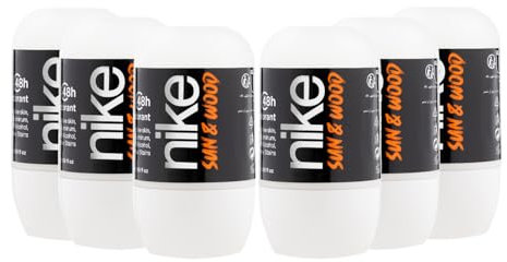 NIKE - Sun & Wood Pack de 6 x 50 ml, Desodorante Hombre Roll-On, Desodorante Antimanchas para Piel Sensible, 0% Alcohol y 0% Sales de Aluminio, de Larga Duración, Fragancia Amaderada Frutal Ambarada