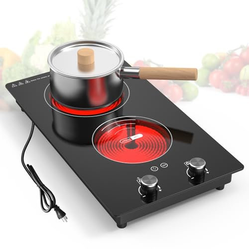 VBGK Cocina eléctrica de 3000 W, 2 quemadores, empotrada/encimera, 9 niveles de calefacción, temporizador y bloqueo de seguridad para niños, control de perilla LED, enchufe de 220 V