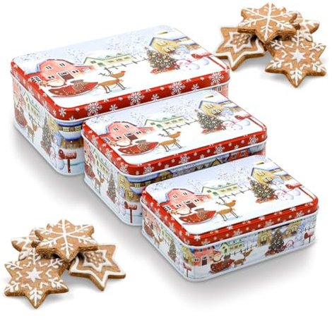3 Stück Quadrat Weihnachten Keksdose,Weihnachtsdosen,Gebäckdose, Plätzchendosen, Blechdosen Mit Deckel,Bäckerei Keks-Boxen Mit Deckel Plätzchen Dose Eisen für Cookies,Süßigkeiten und Geschenke (C)