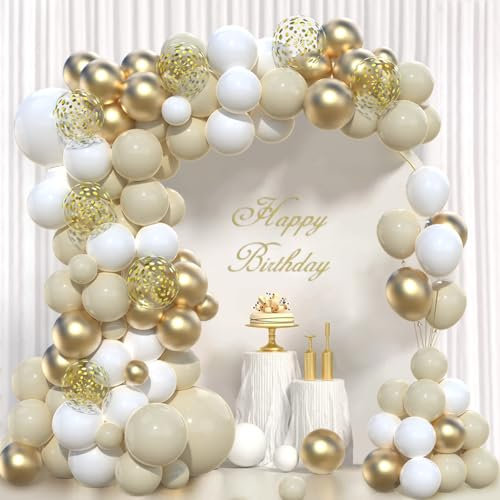 Arco de Globos Dorados Blancos, 97Pzs Guirnalda de Globos Arena Blanco Oro con Globos Beige, Arco de Globos Oro Blanco para Fiesta Cumpleaños, Boda Bohemia, Baby Shower Decoracion, Bautizo, Graduación
