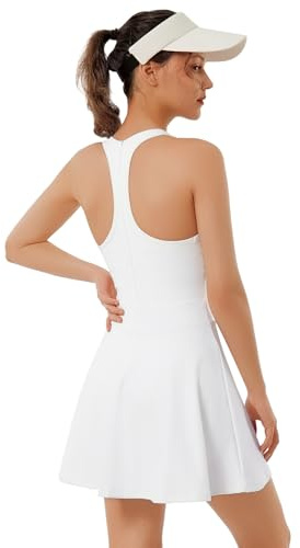 Bezioner Abito Tennis Donna Vestito Golf Cerniera Racerback con Integrate Reggiseno e Pantaloncini Tasche Abito Sportivo Bianco M