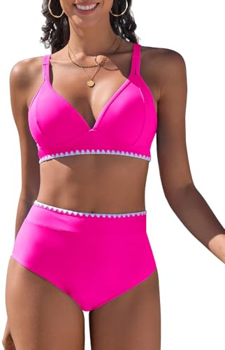 Vijamiy Bikiniset för kvinnor hög midja bikiniset två delar kvinnor badkläder baddräkt med justerbar axelrem vit spets, Rosa, XXL