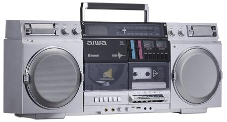 aiwa Retro Boombox CD Player with Cassette Recording, Bluetooth 5.0, FM/AM Radio, USB/SD/AUX Inputs, VU Meter, LCD Display, Dual 40W Speakers - Silver