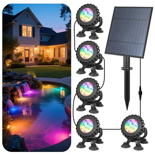 T-SUN Solar Pond Lights, 5-in-1 RGB Underwater Solar Lights, IP68 Waterproof Submersible Light for Pond, Garden, Patio, Fountain, Pool, Waterfall, Outdoor Landscape Lighting