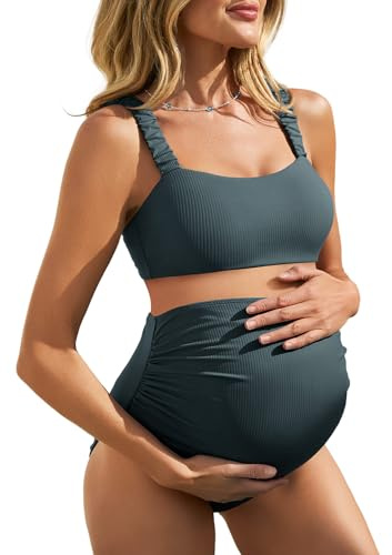 Summer Mae Gerippter Schwangerschafts-Bikini, Badeanzug für Damen, hohe Taille, Zweiteiliger Badeanzug, Bauchfreies Oberteil, Schwangerschaftsbademode, Balsamgrün, 40
