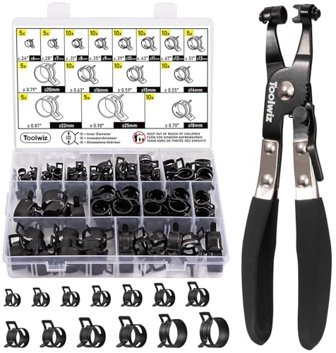 Toolwiz 120Pcs 6-25mm Spring Band Hose Clamp Assortment with Swivel Clamp Pliers, Constant Tension Radiator Hose Clamps, Black Hose Clips for Fuel Line, Silicone Vacuum Hose, Air Tube, Water Pipe