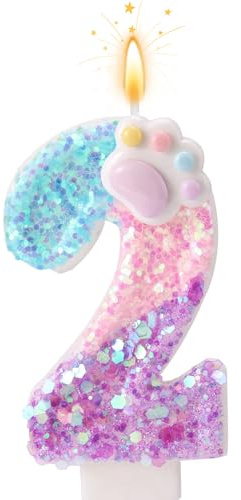 Pata de Perro y Gato Vela Número para Pastel, Vela de Cumpleaños Dibujos Animados Números Tarta con Base y Varilla Soporte para Amantes los Cachorros Gatitos Decoración Fiestas (2)