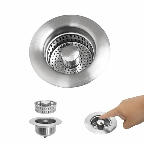 Ventana Emergente 3 en 1 Tapon Fregadero Cocina, Doble Sello Estanco y Antiobstrucción, Acero Inoxidable 304 Colador Fregadero, para Fregaderos Diámetro 75–87 mm, Profundidad > 37 mm