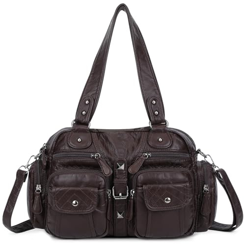 VINBAGGE Damen Handtasche Große Schultertasche PU Leder Henkeltasche Frauen Weiches Hobo Tasche Umhängetasche für Reisen Schule Shopping Mädchen,L-Braun