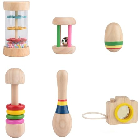 6pcs Wooden Rattle Set - Montessori Sensory Toys, Kids Musical Instruments, Musical Toys for 3 Year Old, Rattle Maracas, Children's Early Education Educational Toy, Birthday,Holiday Gifts for Children