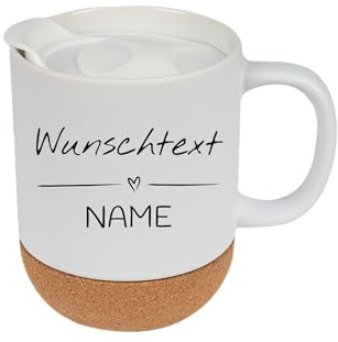 Personalisierte Kaffeetasse 330 ml mit Namen – Keramiktasse weiß matt mit abnehmbarem Korkboden & Deckel – Wunschtext Tasse hochwertiger Druck – Geschenkidee individuell & praktisch