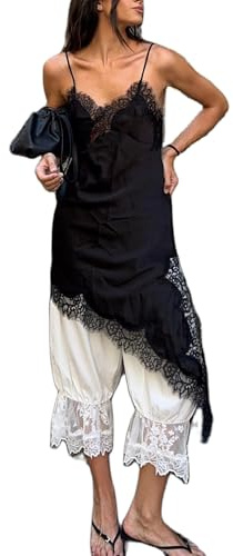 Feclmiyt Femmes Y2k Débardeur en Satin avec Liseré en Dentelle, Manches Spaghetti, Découpe Asymétrique, Fente Latérale, Top de Sortie en Soie, Robe Débardeur en Dentelle, a-1, XL