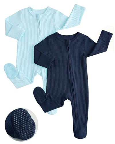 JiAmy Baby Neonato Pagliaccetto in Cotone Confezione da 2, Bambino Pigiama Ragazze Ragazzi Tutine, Neonato in Cotone Pagliaccetto Tutina a 2 Vie Cerniera a Piedini Pigiami Interi Blu Mare 0-3 Mesi