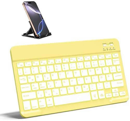 Vobafe Bluetooth Tastatur 7-Farbiges Beleuchtete Tastatur iPad, QWERTZ DE | mit Telefonhalter, Ultradünn Kabellose Tastatur für iPad/Tablet/Laptop/Smartphone (iOS/Android/Windows Systeme), Gelb