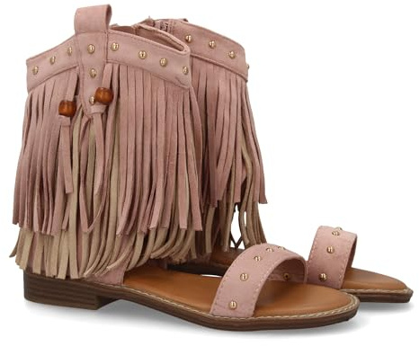 shoes&blues.es Sandalo da donna in stile boho con design originale a frange che porta movimento, pala sottile con borchie. Motivo a frange a strati ideali per la primavera estate., Rosa, 41 EU