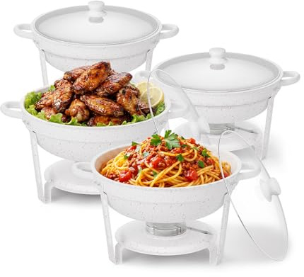 HAAYOT White 6QT 6.9 Litre Round Chafing Dishes for Buffet, White Finish Stainless Steel with Transparent Lids, Food Warmers for Parties Buffet, Maifanite