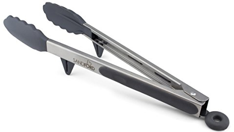 Sandford Premium Küchenzange - die schlauere Küchen- und Grillzange mit integriertem Standfuß - Hygienisch-sauberes Ablegen beim Kochen, Grillen, Backen und Servieren | Aus Edelstahl mit Silikon in bester Qualität | Die ideale universal Mehrzweck Zange für Fleisch, Salat, Spaghetti, Wurst, Aufback-Brötchen und vieles mehr…
