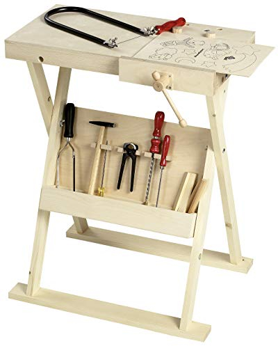 Pebaro 487 Klappbare Werkbank aus Holz für Kinder, höhenverstellbar bis 74 cm, Platte 30x75 cm kann am Tisch befestigt werden, perfekt für Bastler und Hobby-Handwerker, Geschenkidee Werken und Basteln
